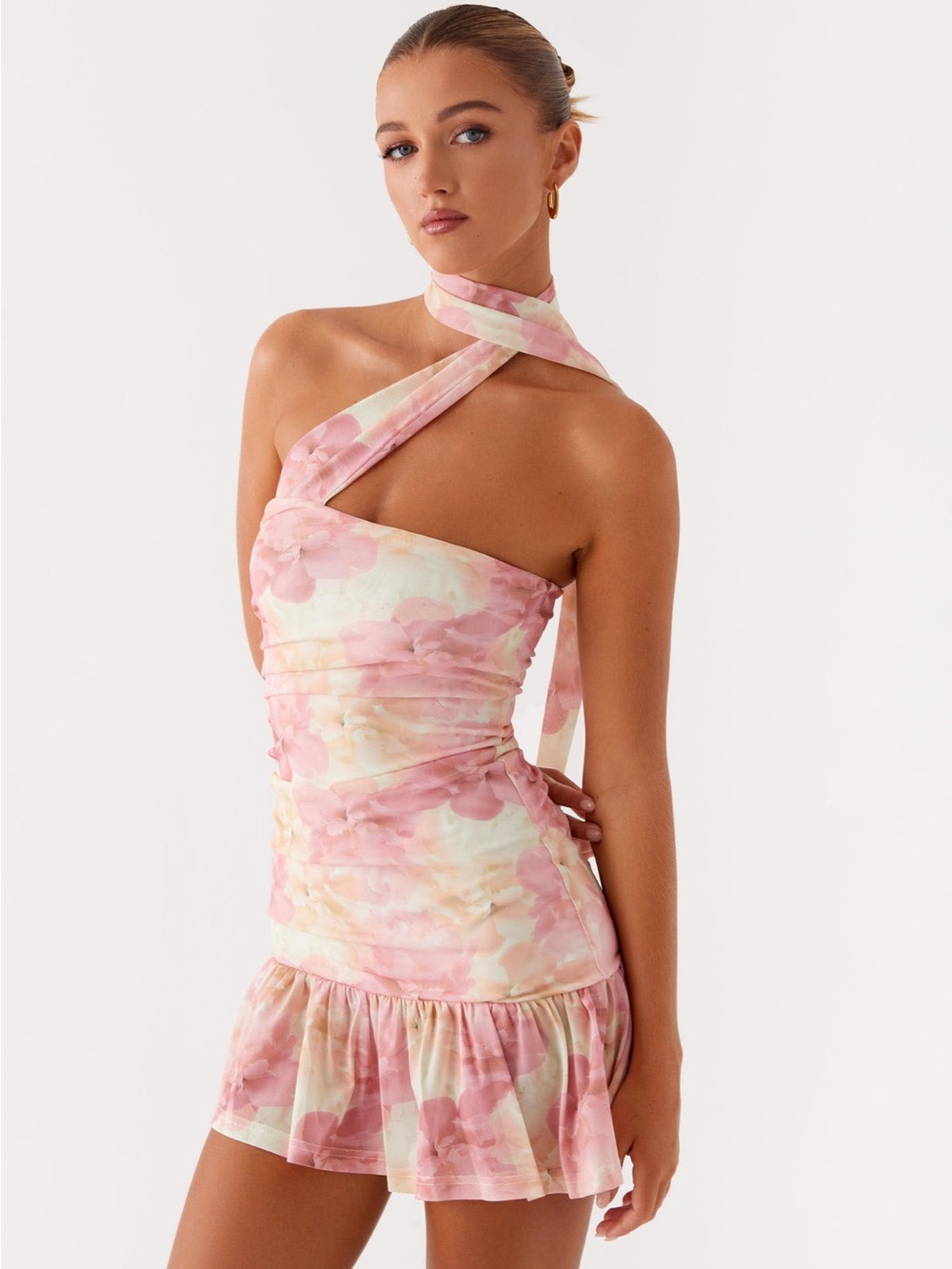 Peppermayo Pink Floral Fleur Strapless Mini Dress Ruffle and Scarf Tie
